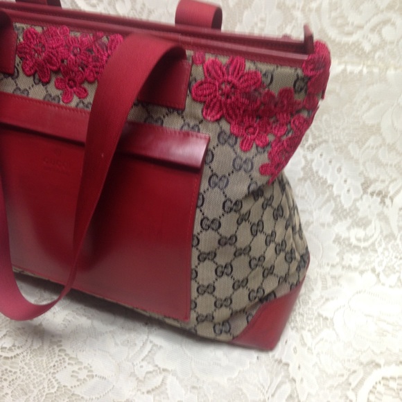Vintage Gucci Black Mono Red Floral Tote Handbag - Picture 5 of 15